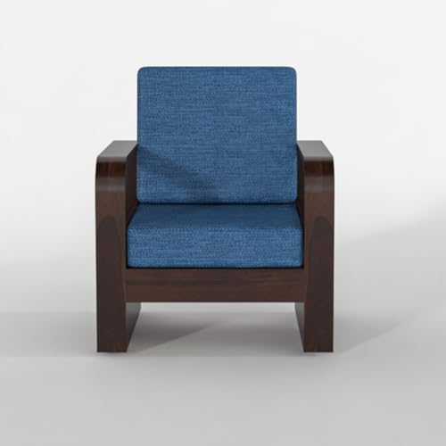 Image of Sheesham Wooden 1 Seater Sofa for Living Room | Solid Wood Sofa with Side Pocket Storage & Cushion | Rosewood Sofa Set for Home & Office | Lounge (Walnut with Blue Cushion, 1 Seater)