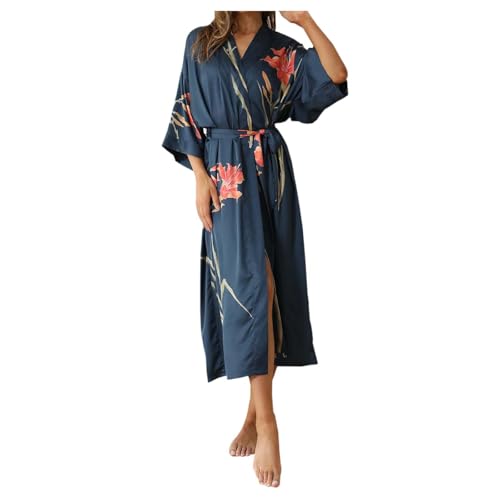 Kimono para mujer, túnica de satén de moda, batas largas de seda para mujer, estilo floral, kimonos largos, albornoces sedosos, lujosos albornoces de seda amarilla con estampado de flores y mariposas