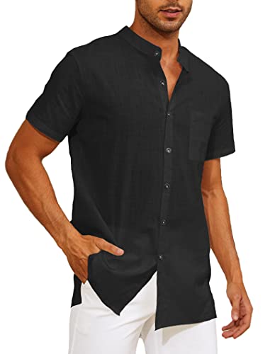 Yutdeng Camisa de Lino para Hombre Manga Corta Verano con Bolsillo Hawaiana Playa Cuello Mao Transpirable Casual Color Sólido Ropa Verano, Negro, L