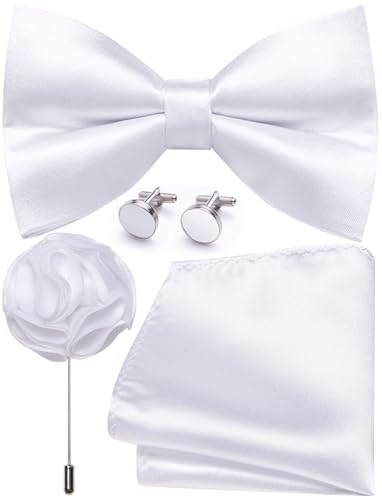 Image of Solid Color Bow Ties for Men Silk Pre-tied Tuxedo Bowtie Set 4PCS | Pre-tied in 3 seconds,adjustable 4PCS bow tie and pocket square cufflinks lapel pin set,wedding,formal,party,prom,graduation