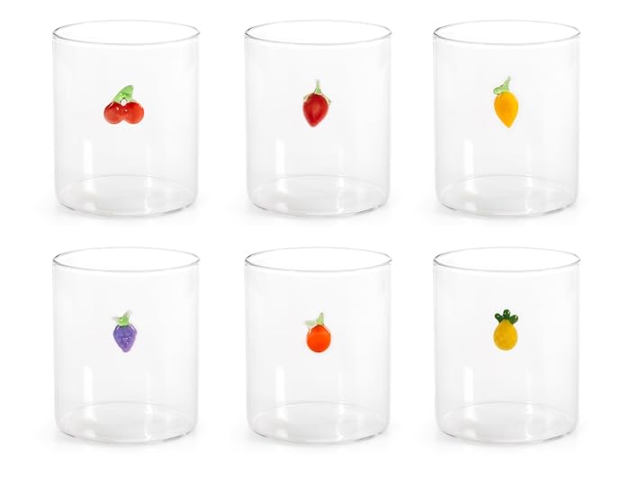 H&H set sei bicchieri in vetro borosilicato trasparente con miniature esterne decori assortiti cl 42