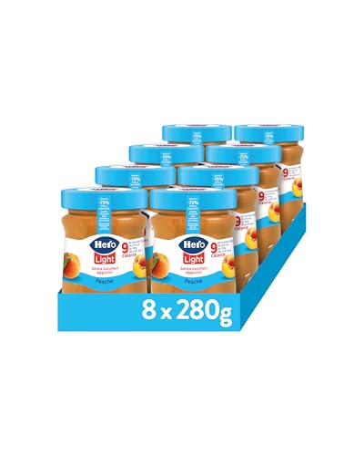 Hero Light Confettura di Pesche light, 8 vasetti da 280 gr, marmellata e confettura extra, frutta di alta qualità, senza conservanti e senza coloranti, pochissime calorie per porzione