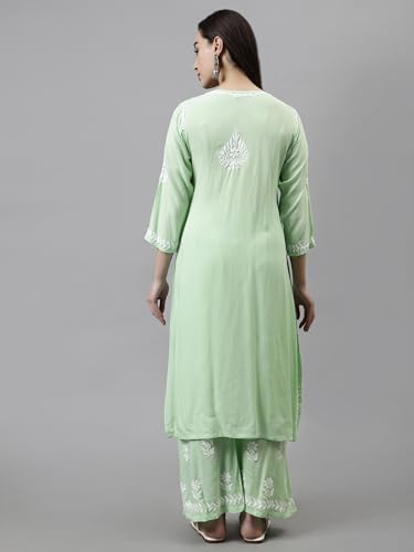 Image of Seva Chikan Hand Embroidered Lucknowi Chikankari Rayon Kurta and Palazzo Set SCL8037