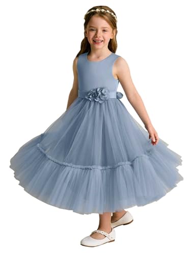 A-Line Princess Tea-Length Satin Bodice Ruffled Tulle Skirt Flower Girl Scoop Neck Pageant Junior Bridesmaid Dresses
