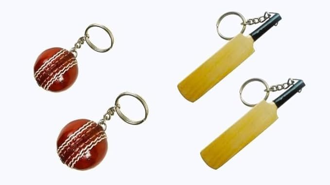 FLYER Cricket Leather Ball Keychain | Miniature Cricket Bat Keyring (Pack of 4)