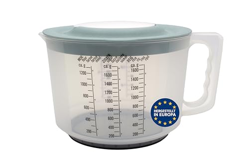 mucHome 3in1 Messbecher 2L Rührbecher mit Spritzschutz Verschlussdeckel und Ausgießer - Rührschüssel aus Kunststoff mit gummierter Boden zum Kochen und Backen - Qualitätsprodukt aus Europa (Grün)