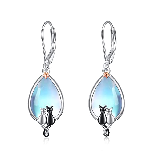 Pendientes de piedra lunar para amantes de los gatos negros de plata
