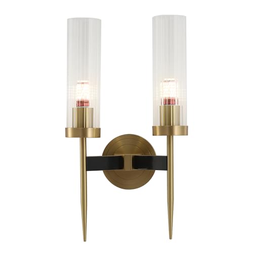 Image of BOKT Mid-Century Modern Indoor Crystal Wall Sconce Brushed Brass Gold 2-Lights Wall Sconce Lighting Clear Cylinder Glass Round Wall Sconce Long Bedroom Bedside Wall Light Lamp