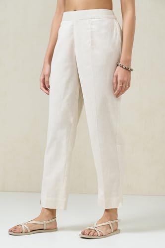 Image of Rangmanch by Pantaloons Women's Cotton Linen Bottoms | Slim Tapered Fit | Mid Rise Waist | Ankle Length