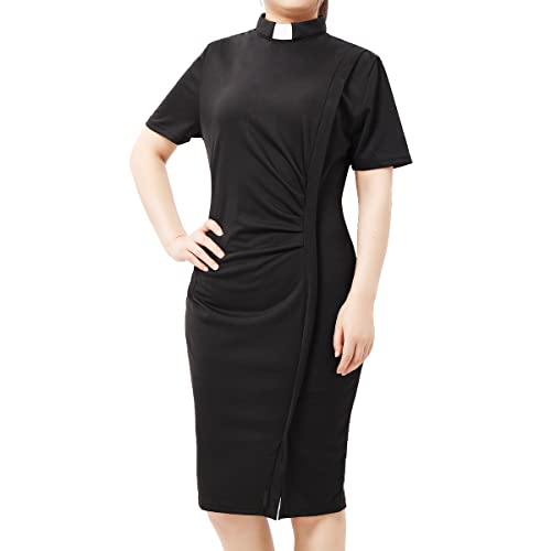 BLESSUME Black Church Female Clergy Priest Tab Collar Dress Short Sleeve Mass Liturgical Pencil Dress4