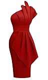 Memoriesea Women's Elegant One Shoulder Pleated Detail Bodycon Party Club Midi Dress Red
