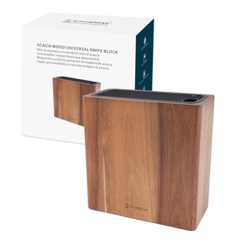 Comparison: Best Wood For Knife Block 5 KITCHENDAO XL Acacia Wood Universal Knife Block with Slots for Scissors and Sharpening Rod, Safe, Space Saver Knives Storage Stand Display without Knives, Unique Slot Design to Protect Blade