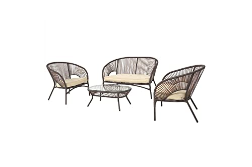 Image of DEVOKO 4 Piece Outdoor Patio Handwoven Rope Sofa Conversation Set with Cushioned Chair & Glass Top Table for Garden, Pool, Porch, Deck, Backyard (Dark Brown & Cream)