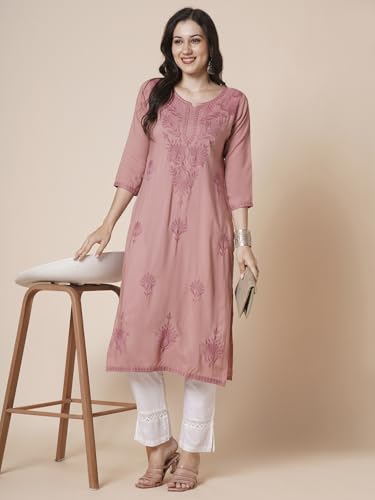 Image of RATAN Rayon Straight Lucknowi Chikankari Ethnic Wear Kurta for Women