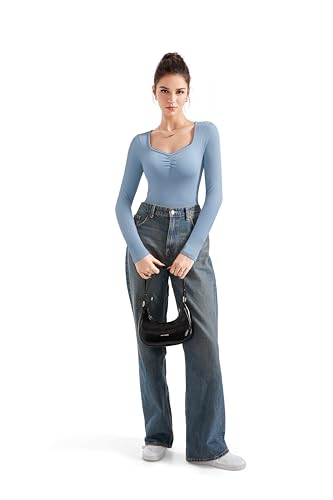 Image of SUUKSESS Women Sweetheart V Neck Long Sleeve Tops Lace Trim Ribbed Modal Fall Going Out Shirts