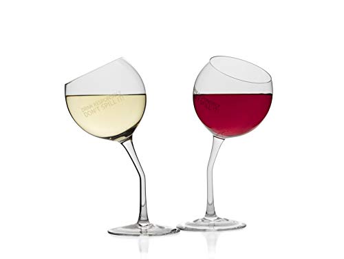 Tipsy Wine Glass Set Of 2 Cute Tilted Glasses With Funny Saying| Drink Responsibly Don’t Spill It |Joke Novelty Gag Gift For All Types of Women|Wife Mom Daughter Coworkers Bff