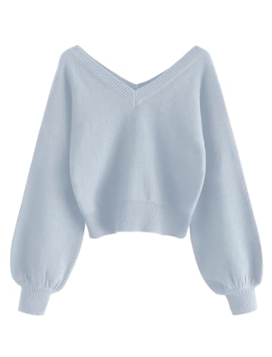 Image of ZAFUL Women's Cropped Sweater V-Neck Long Sleeve Pullover Jumper Knit Top | Crop Length, Ribbed Knit, Double V design, White sweater, Raglan sleeves, lantern sleeve, Fall & Winter, Loose fit, Oversized