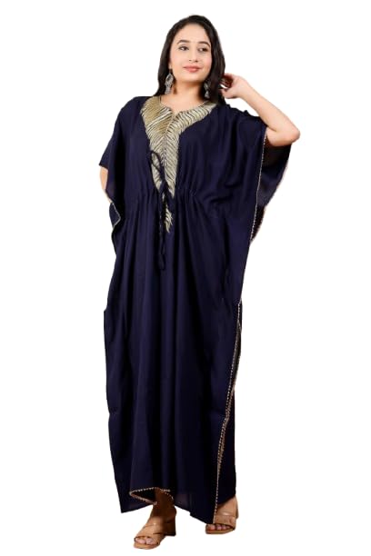“Midnight Blue Women’s Rayon Kaftan | Golden Leaf Embroidery, Adjustable Waist.-image-30