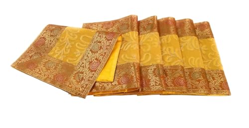 Image of Brocade Silk Placemats for Dinning Table 12 x 18 Inches Hand Embroidered, Set of 6 Decorative Placemats for Home (Yellow Gold)