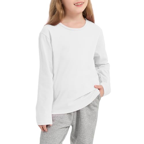 Girls/Toddlers Long Sleeve Shirts Kids Crewneck Soft Cotton Fall Tops Girls Basic Long Sleeve Tee(2-14Years) White