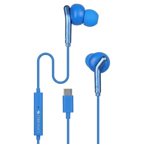 Zebronics Type-C Wired Earphones, in-Line MIC, Deep Bass, 1.2m Cable, 10mm Neodymium Driver, Light Weight, in-Ear Design, Compatible with Mobile, Tablet, Laptop (Bro C, Blue)