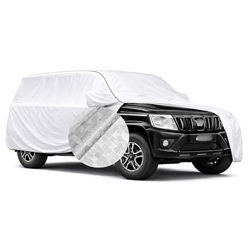 Image of SEAZEN Waterproof Car Cover for Mahindra Bolero | Dustproof, UV & Scratch Resistant Soft Cotton Lining | Triple Stitched, Mirror Pockets & Elastic Hem | Metallic Silver with Black Piping
