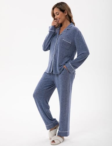 Image of UMBY Women's Silk Satin Pajama Sets, 2 Piece Silky Pjs Sets for Women, Soft Pajama Set with Long Sleeve Top and Pants Deep Blue