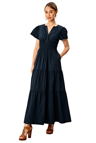 Eshakti Women's Smocked Waist Cotton Poplin Tiered Dress 1X-18W Deep Navy #TOP2