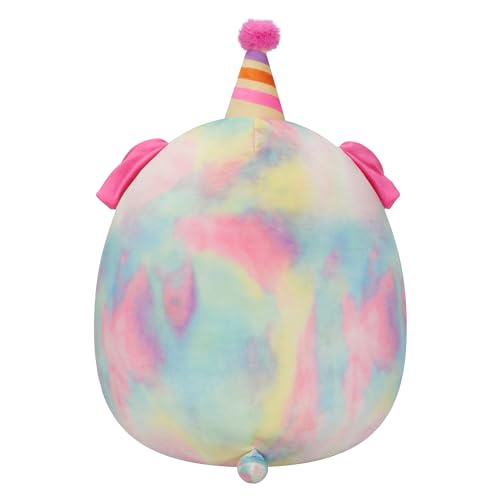 Image of Squishmallows Original 12-Inch Delenne The Rainbow Tie-Dye Dog with Party Hat - Official Jazwares inchHappy Birthday inch Plush (Medium-Sized)