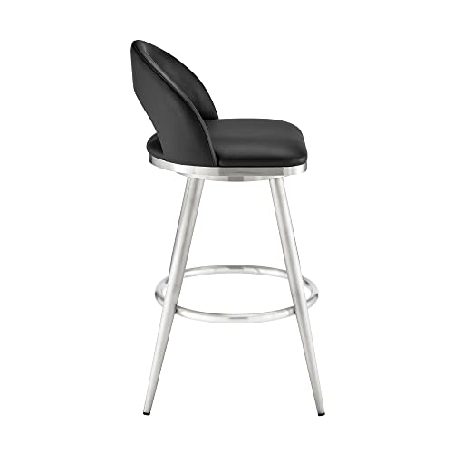 Armen Living Charlotte Swivel Bar Stool in Brushed Stainless Steel with Black Faux Leather