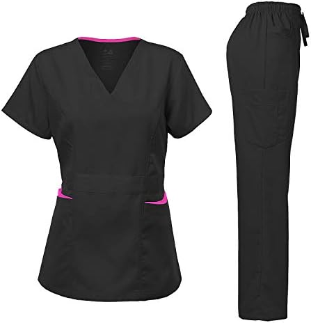 Medical Uniform Women's Scrubs Set Stretch Contrast Pocket Black L