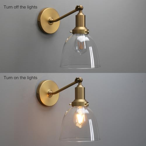 Image of PERMO Industrial Vintage Slope Pole Wall Mount Single Sconce with 6.7 inch Oval Dome Clear Glass Shade Antique Gold Wall Sconce Light Fixture (Pack of 2)