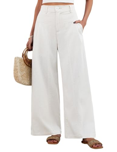 Image of HEEKPEK Womens Linen Trousers Summer Loose Straight Leg Pants Elasticated Mid-Rise Waist Ladies Elegant Palazzo Pants with Pockets Lightweight Casual Beach Holiday BusinessTrousers (White, L)