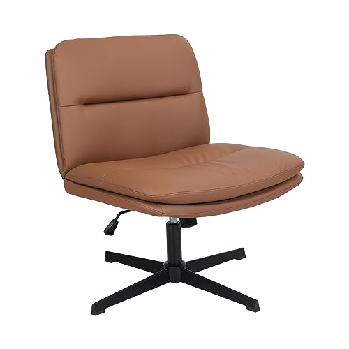 ELECWISH Armless Desk Chair, Home Office Chair, No Wheels, PU Leather Cross Legged Vanity Chair, Adjustable Swivel Wide Seat Computer Chair, for Office, Bedroom, Living Room(Brown)