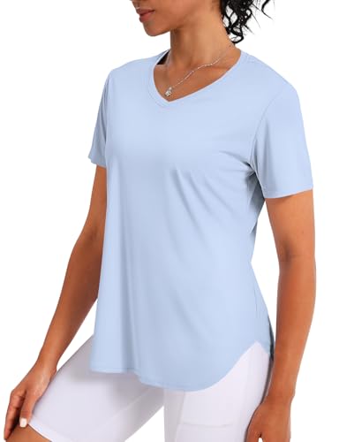 CHALLMOTI Women's Short Sleeve Workout Tops Athletic Shirts V Neck Sun Shirts UPF 50+ Quick Dry Quick Dry Light Blue S