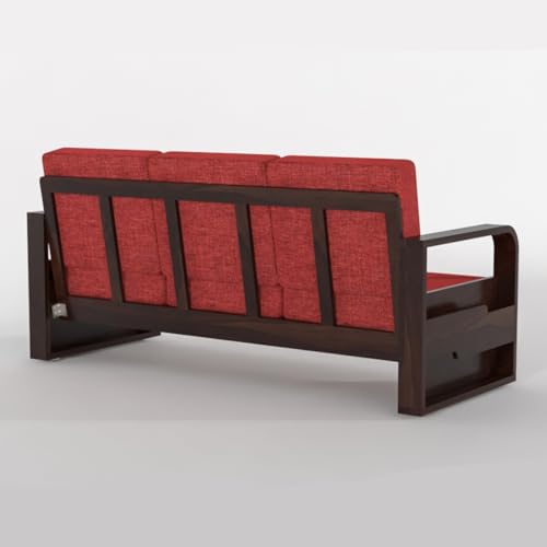 Image of Solid Sheesham Wooden 5 Seater Sofa Set for Living Room | Sofa Set with Side Pocket Storage & Cushion | Rosewood Sofa Set for Home (Walnut with Red Cushion, 5 Seater)