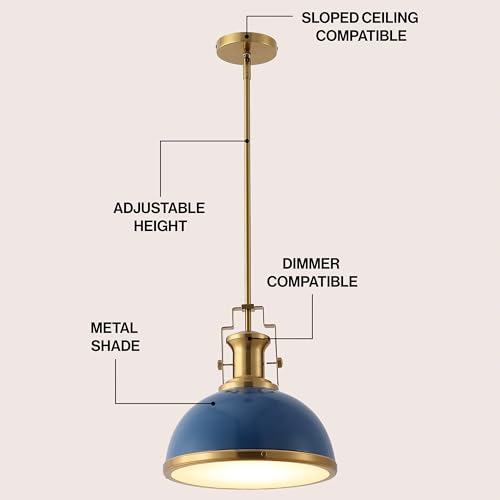 Image of JONATHAN Y Homer Industrial Dome Pendant 13 inch, Navy /Brass Gold | 1-Light, Farmhouse Style, Adjustable Hanging Height, Glass Diffuser, Sloped Ceiling Compatible, Metal, LED Bulb Included