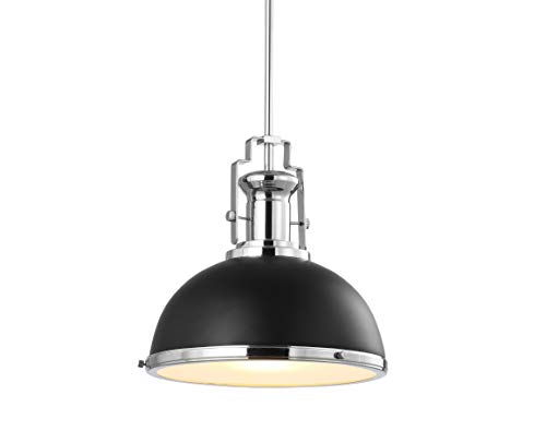 Image of JONATHAN Y Homer Industrial Dome Pendant 13 inch, Black /Chrome | 1-Light, Farmhouse Style, Adjustable Hanging Height, Glass Diffuser, Sloped Ceiling Compatible, Metal, LED Bulb Included
