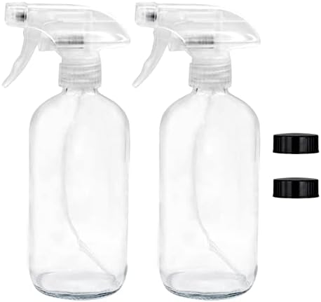 Easeen 2 Pack of 16 oz Glass Spray Bottles – Refillable Clear Containers with Adjustable Sprayer for Essential Oils, Plants, Cleaning Products, Cooking