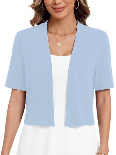 Image of Heymoments Women's Thin Shrugs Short Sleeve Lightweight Cropped Tops Open Front Knitted Cardigan for Dress Summer Bolero
