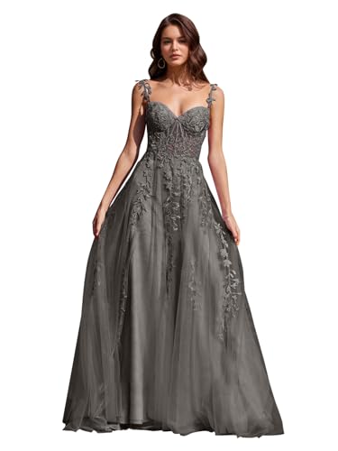 Image of Long Tulle Prom Dresses 2025 V Neck Floral Long Ball Gowns for Women Lace Applique Formal Evening Gowns ACE159