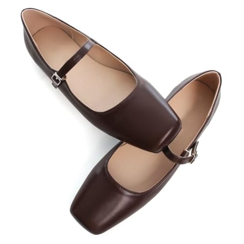 Image of TN TANGNEST Leather Flats for Women Retro Mary Jane Flats | Comfortable Square Toe Slip On Flats with Buckle Strap, Soft Work Flats Office Shoes