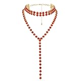 ELABEST Long Rhinestone Necklace Layered Y Necklaces Crystal Choker Necklace Dainty Wedding Bridal Bridesmaid Jewelry for Women (Red)