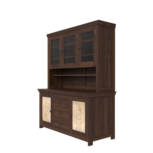 Image of ANGEL FURNITURE Sheesham Wood Kitchen Cabinet, 72 inch Height, Glass Doors, 3 Drawers, Mandala Design, Natural Brown (Walnut Finish)