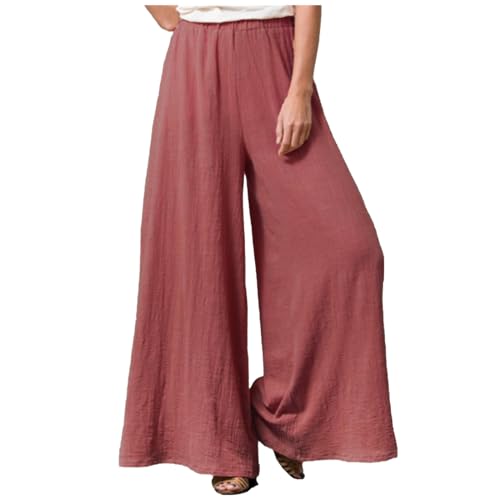 Linen Wide Leg Pants for Women Casual Summer Elastic High Waisted Flowy Beach Pants Loose Lounge Trousers Plus Size Wide Leg Cropped Pants for Women Red S - Thumbnail 2