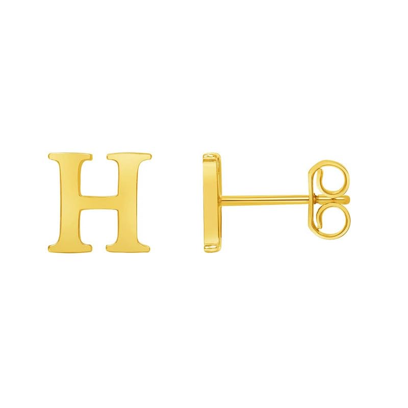 Solid 14k Yellow Gold Mini Uppercase Initial Block Letter Stud Earrings with Push-Back - A to Z