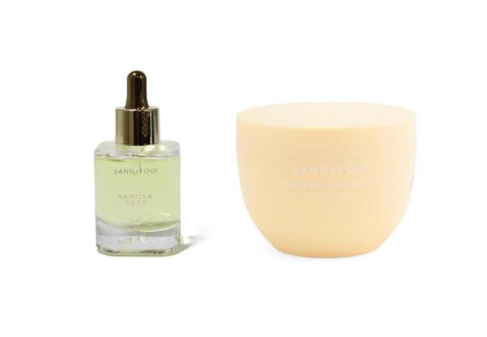 Sand and Fog Vanilla Cake Parfum Oil 1.7 fl oz Dropper Bottle and Body Butter 8.47oz Set