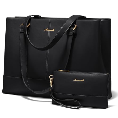 LOVEVOOK Laptop Tote Bag for Women 15.6 Inch Work Bag Leather Laptop Purse with Clutch, Large Computer Briefcase Bag for Office Business Teacher Black