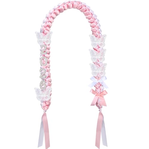 Jutom 48 Graduation Leis 2026 Ivory Pink Bow Pearl Butterfly Philippines Graduation Ribbon Lei DIY Class of 2026 Gift for Women Men Grad Party(Pink Butterfly)