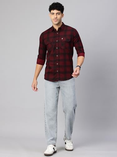 Image of Majestic Man Men's Pure Cotton Cargo Checkered Shirt with Dual Flap Pockets - Slim Fit | Full Sleeve | Casual Wear | Trendy & Comfortable